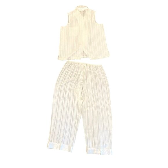 Vintage 90s Morgan Taylor Lingerie Pajamas Set Ivory Striped Button Front Wide L - Picture 2 of 7